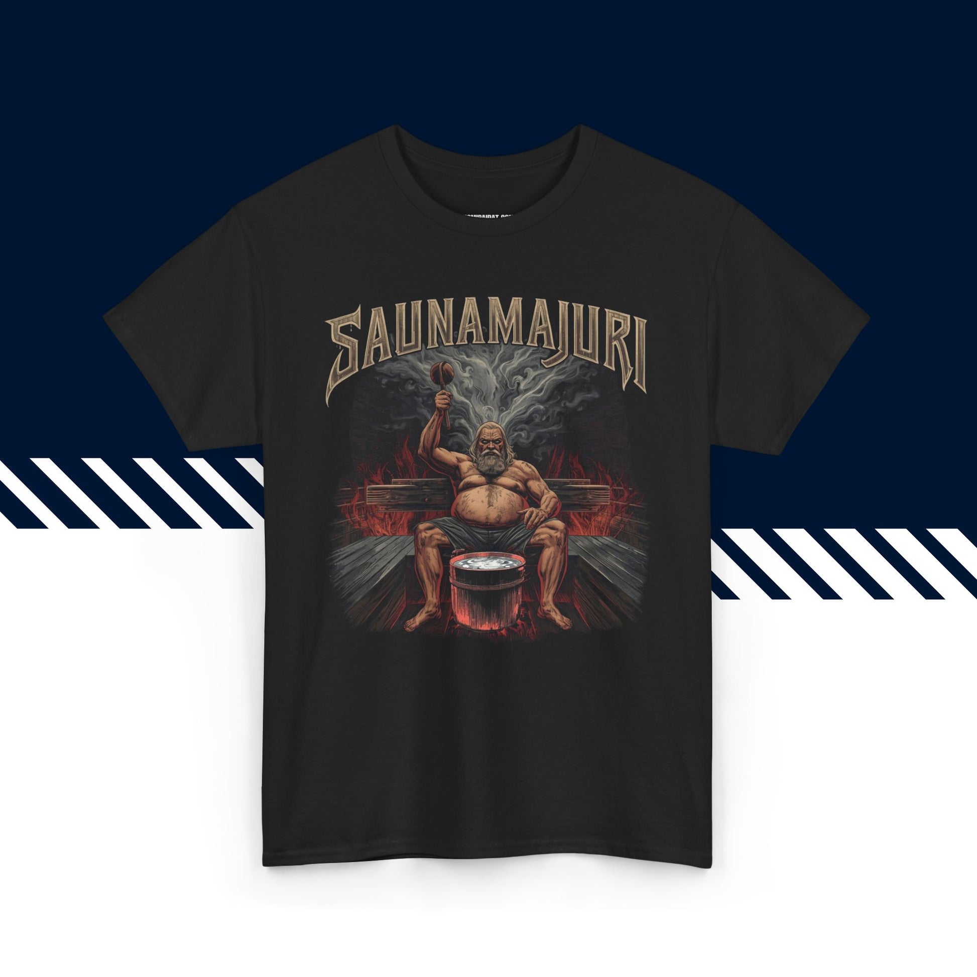 Musta puuvillainen t-paita, hauskat paidat, suomipaidat.comin Saunamajuri-tekstipainatus, unisex-malli.