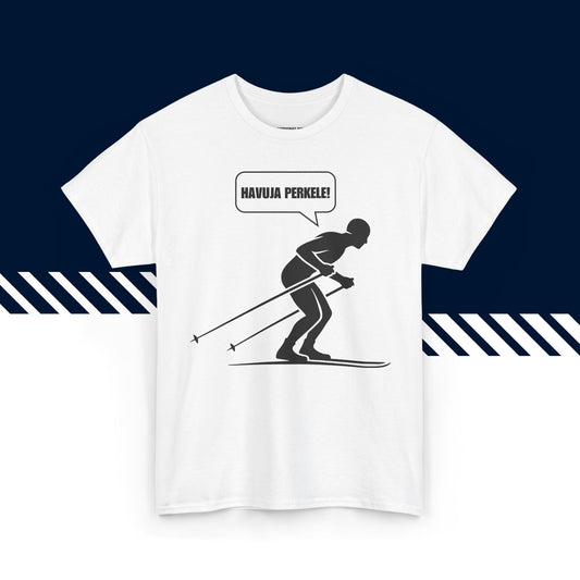 Valkoinen puuvillainen t-paita, hauskat paidat, suomipaidat.comin Havuja perkele! -tekstipainatus, unisex-malli.
