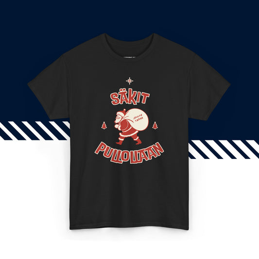 Musta puuvillainen hauskat t-paidat, hauska paita, t-paita lahjaksi, Säkit pullollaan -kuvio, unisex-malli.