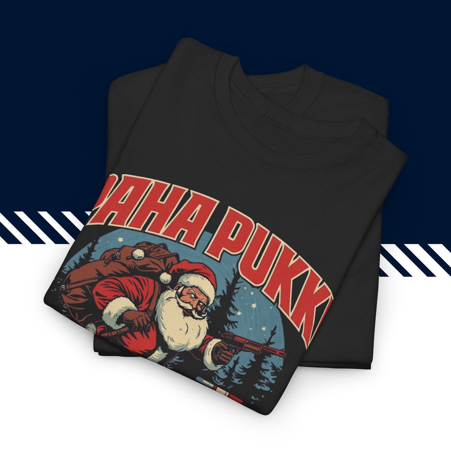 Musta puuvillainen hauskat printtipaidat, t-paita lahjaksi, Paha pukki t-paita taitettuna, 100% puuvilla, unisex-malli.